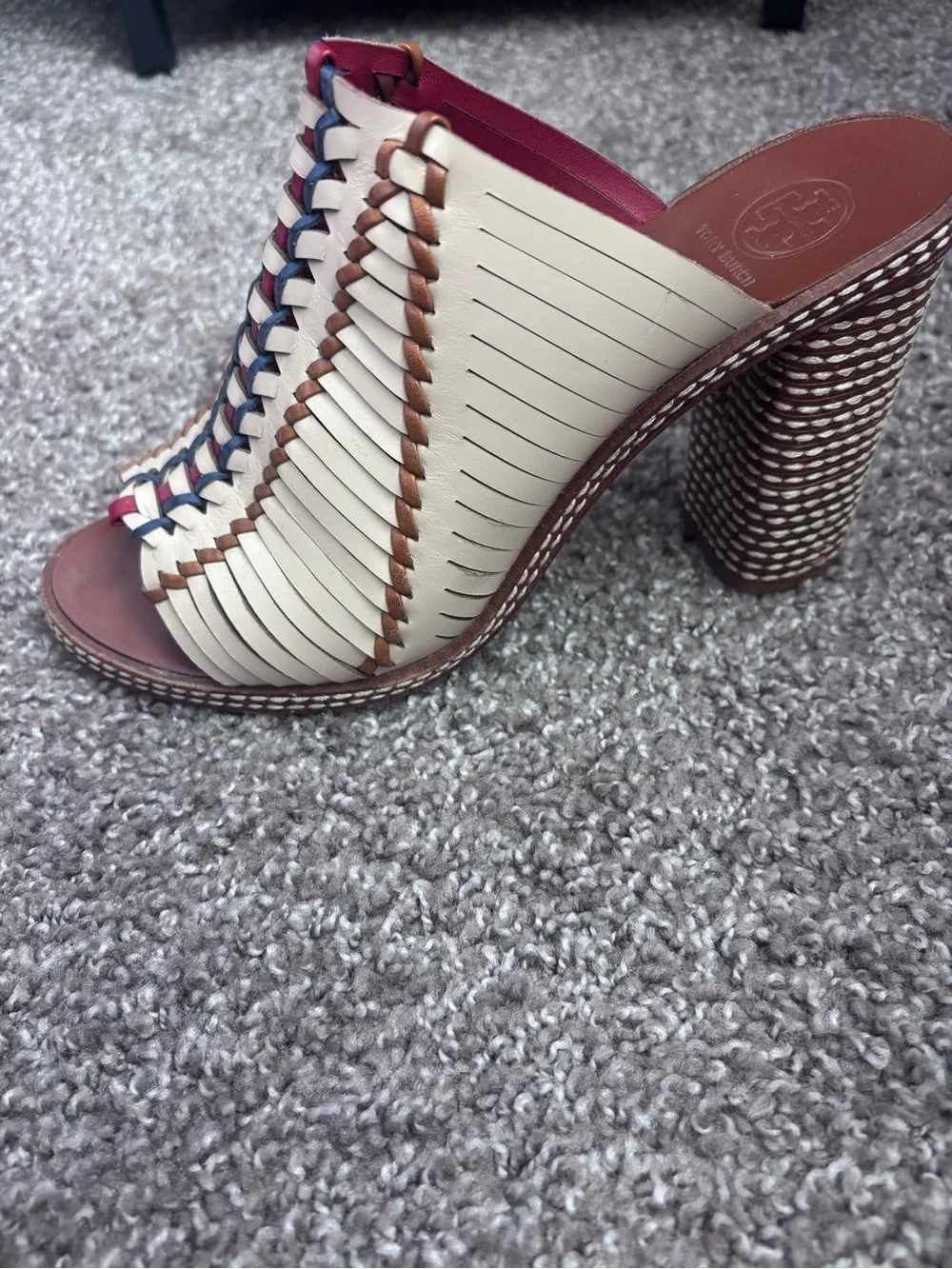Tory Burch Cream Braided Leather Mules with Navy & Red Accents